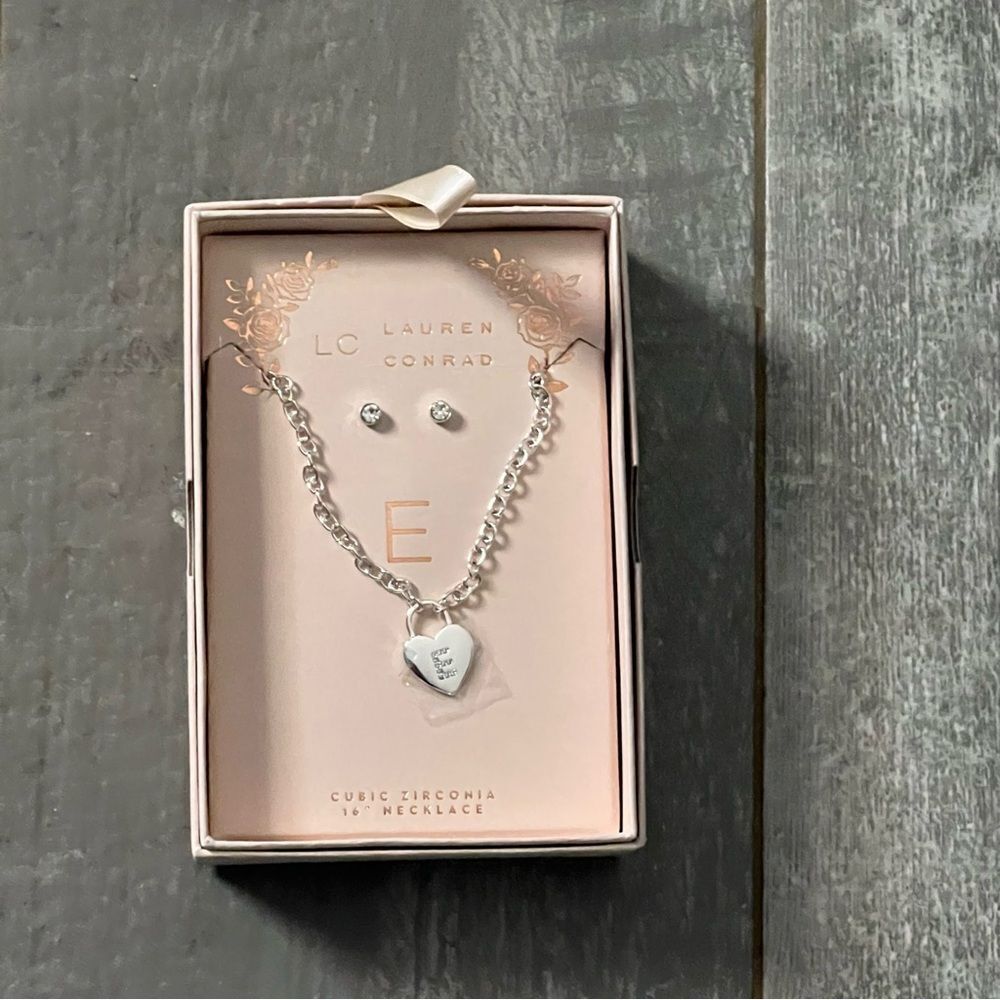 E Heart Silver Necklace and Cubic Zirconium Earrings Set